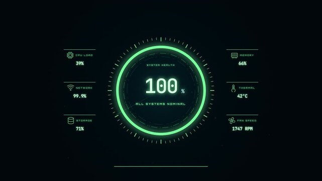 Futuristic digital dashboard showing system health monitoring with animated data gauges and progress counter.