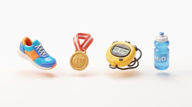 3D icon of a running shoe, a medal, a stopwatch, a water bottle, isolated on white background in glossy clay material, soft rounded shapes, warm soft shadow beneath, vibrant saturated colors