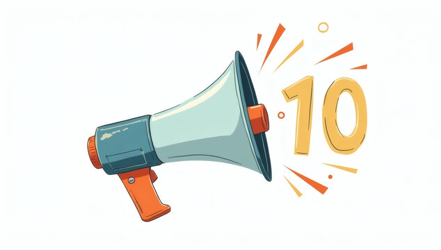 Cartoon Megaphone Bullhorn Illustration with Number Ten for Announcements and Promotions