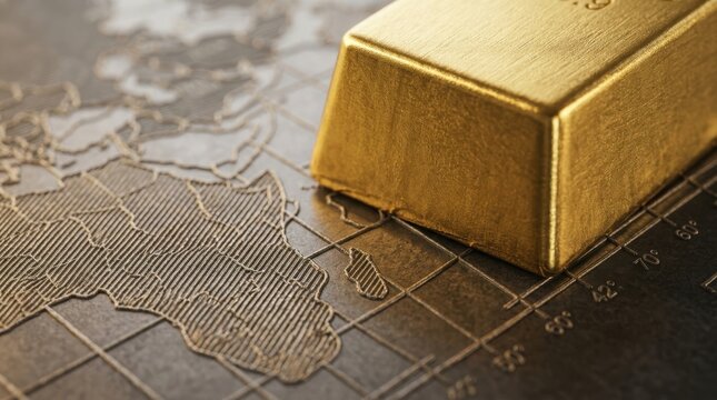 A gleaming gold bullion bar rests on a textured surface depicting a world map with gridlines