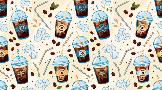 Flat vector iced coffee seamless pattern, cold brew cups, ice cubes, coffee beans and straws, trendy cafe aesthetic
