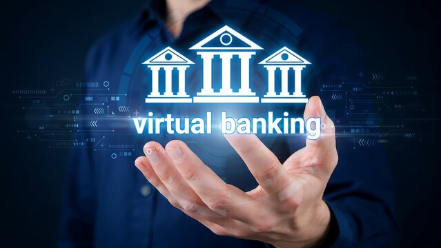 Person holding glowing virtual banking interface with bank buildings on digital network background
