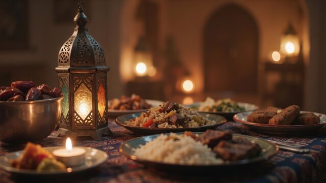 Traditional iftar table with lantern, dates, and festive dishes for ramadan