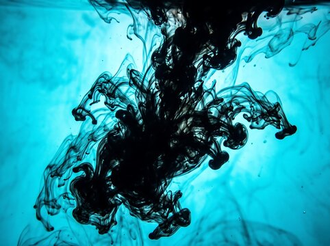 Ink diffusion photo of black ink dispersing in cyan liquid water