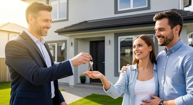 A man in a suit handing over keys to a couple in front of a house.