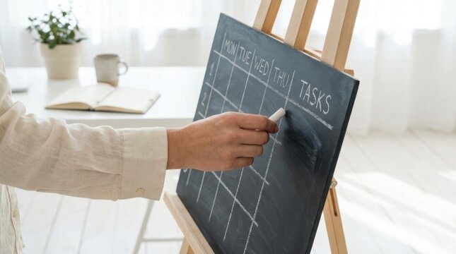 Hand writing daily tasks on a chalkboard calendar with chalk business skills success