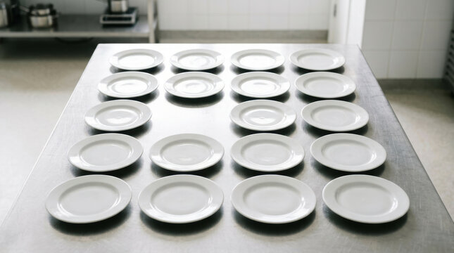 White ceramic plate arranged stainless steel table reflects staffing shortages commercial kitchen setting with organized food service preparation