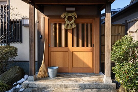 Japanese home entrance prepared for New Year with shimenawa