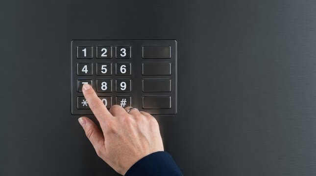 Finger pressing number seven on a metallic keypad with empty slots above business skills