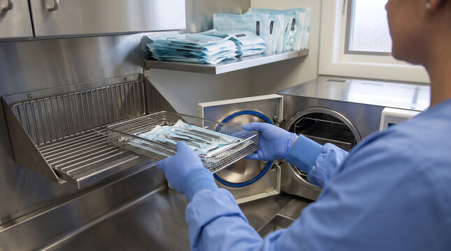Dental hygienist slides a sterilized instrument tray into a wall-mounted drying rack