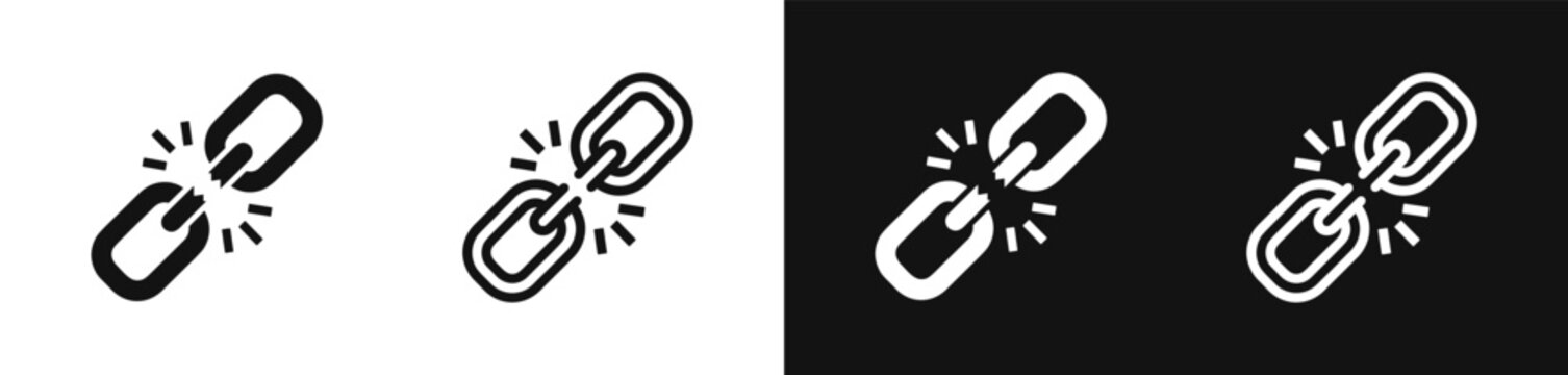 Broken chain link icon set, security breach and connection loss symbols