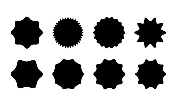Set of eight black star shaped badges and labels featuring rounded corners designed for sale tags discount promotional stickers or creative graphic design projects.