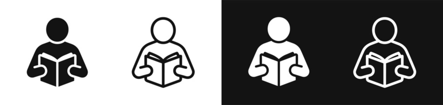 Person reading book icon set, education and learning symbols