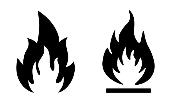 Two black flame icons featuring realistic fire shapes with stylized curves for warnings hazard signs industrial safety labels or creative logo design elements.