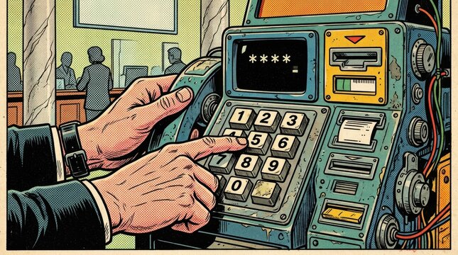 Close up of hands typing a code on a numerical keypad of a vintage machine business skills