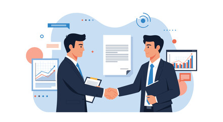 Fototapeta premium Two professional businessmen shaking hands in agreement in front of contract documents and growth charts.
