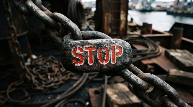 Stop sign on heavy chain conveys food security challenges in industrial harbor with weathered metal and dramatic contrast