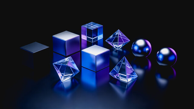Various Geometric Shapes with Metallic and Transparent Finishes