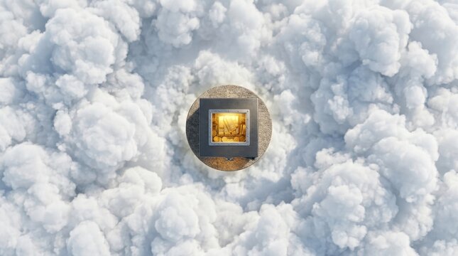 A safe filled with golden coins and valuables rests on a circular platform amidst swirling clouds