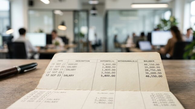 Close up of an open bank passbook with financial entries and a pen on a wooden desk in an office