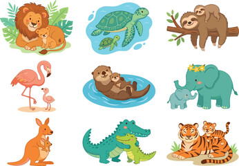 Obraz premium Cute cartoon animal families collection set featuring parents with their babies including lion tiger elephant sloth and kangaroo isolated vector illustration