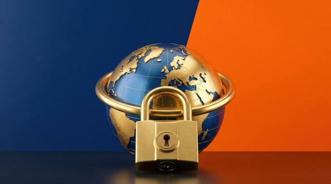 Golden padlock secured around a detailed globe on a split orange and blue background
