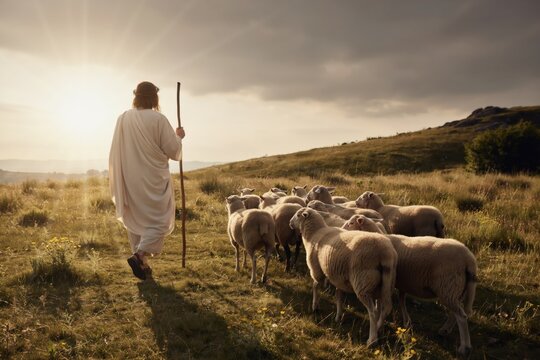 Jesus christ as the good shepherd leading a flock of sheep in a grassy field