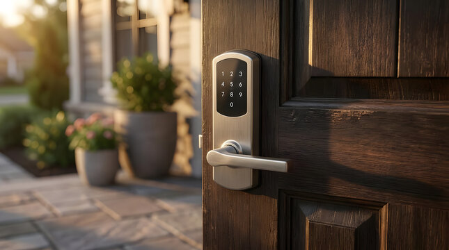 Smart digital door lock with keypad on wooden entrance.