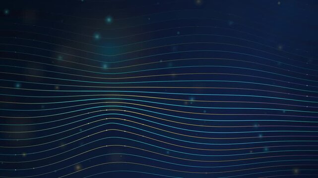 Abstract glowing wavy lines and particles on dark blue background