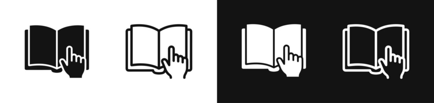 Open book with hand touching page icon set, vector education and reading symbols