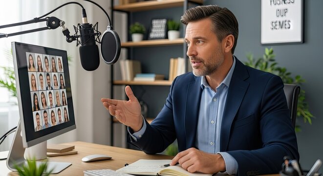 A man in a suit speaking into a microphone while a computer screen displays a virtual meeting with multiple faces.