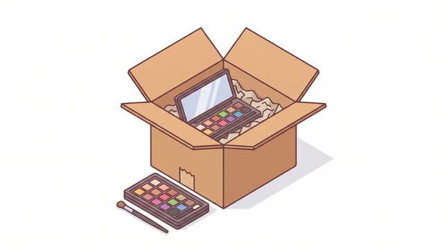Isometric illustration of an open cardboard box with a makeup eyeshadow palette