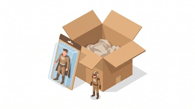 Isometric illustration of an open cardboard box with a collectible action figure
