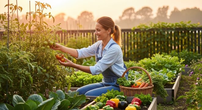 A woman in a garden, picking tomatoes and carrots, with a basket of vegetables.