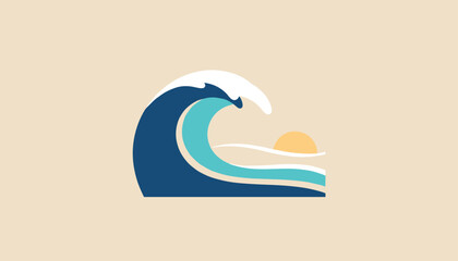 Obraz premium Stylized graphic illustration of a massive ocean wave curling in front of a golden setting sun under a warm sky.