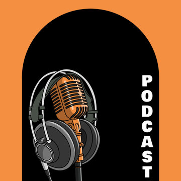 A retro vector illustration featuring a gold vintage microphone and over-ear studio headphones set against a bold arched black and orange frame. International Podcast Day, September 30