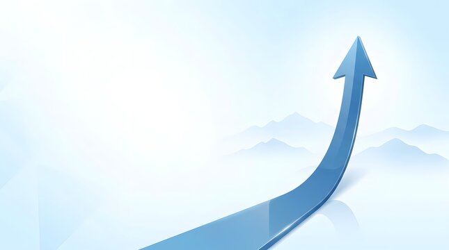 Abstract business growth concept with a blue upward rising arrow over a mountain landscape