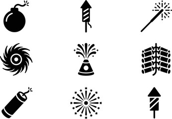 Fototapeta premium Set of fireworks and pyrotechnics icons including rockets, sparklers, firecrackers, and explosions for celebrations