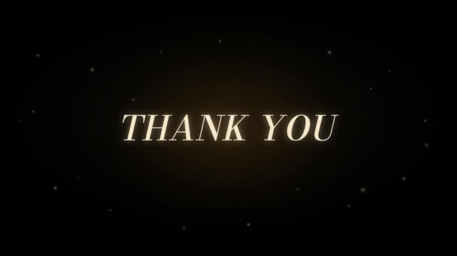 Elegant gold thank you text animation with glowing particles on a black background for video outros.