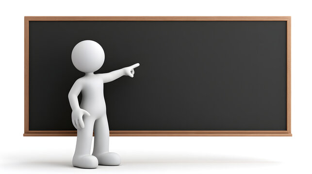 3D white stick figure pointing at a blank blackboard, representing education, presentations, teaching, business planning, communication, and learning concepts isolated on white