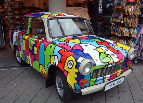 Famous Trabant car in front the GDR musuem in Berlin, Germany. The Trabant is a car that was produced by former East German auto maker VEB in Zwickau.