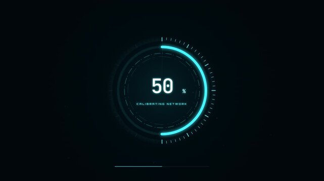 Futuristic circular loading bar showing system progress with percentage counter and digital interface elements.