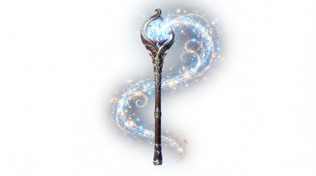 Ornate fantasy magic staff emitting glowing blue light particles isolated on a white background