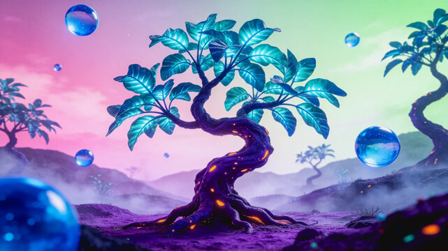 Fantasy Alien Landscape With Glowing Trees And Floating Orbs