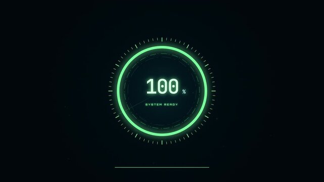 Futuristic circular loading bar animation showing system progress from zero to one hundred percent.