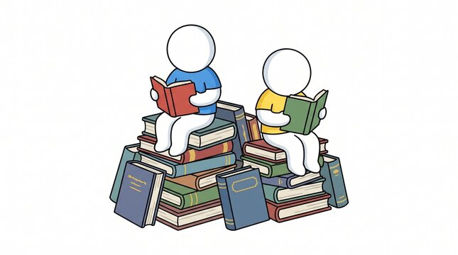 Two blank cartoon figures reading books on top of a stack of books isolated on white