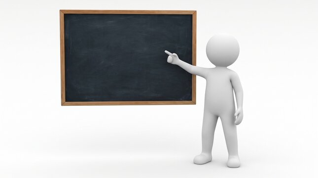 3D white stick figure pointing at a blank blackboard, representing education, presentations, teaching, business planning, communication, and learning concepts isolated on white