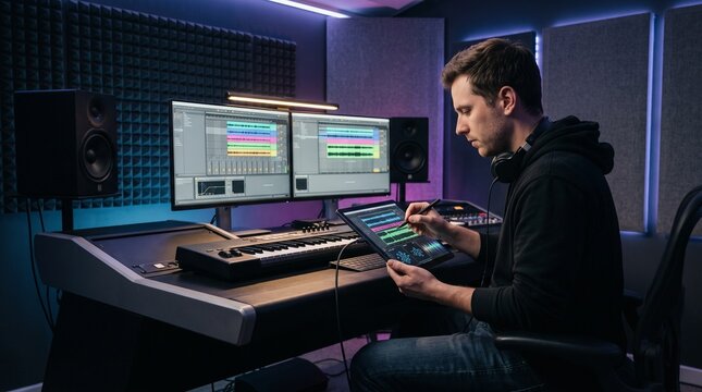 Male music producer using tablet stylus to edit digital audio tracks in dark acoustic studio, depicting professional sound engineering