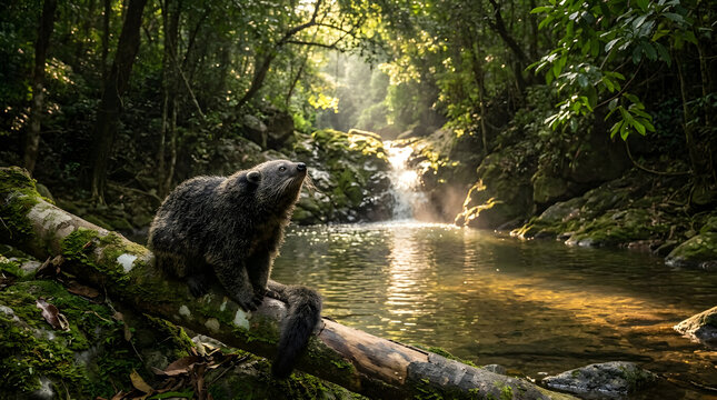 Binturong bearcat animal, sitting on mossy log looking at sunlight, waterfall flowing into river, tropical rainforest jungle habitat environment, cinematic photography for nature travel documentary