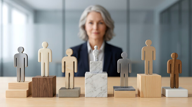 Diversity recruitment leadership, professional manager observing various miniature wooden and marble human figures on pedestals, corporate office meeting room, recruitment campaign web banner media.